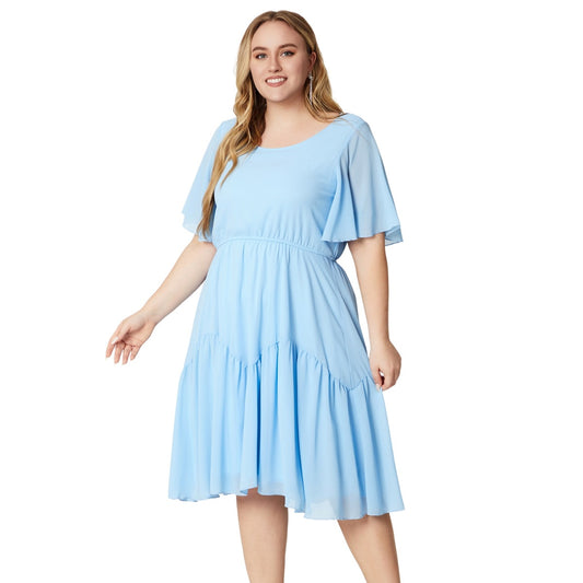 Plus Size Round Neck Short Sleeve Chiffon Dress Wholesale Womens Clothing N3824080300046