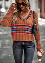 Casual Long Sleeve V-Neck Colorful Striped Sweater Wholesale Womens Tops
