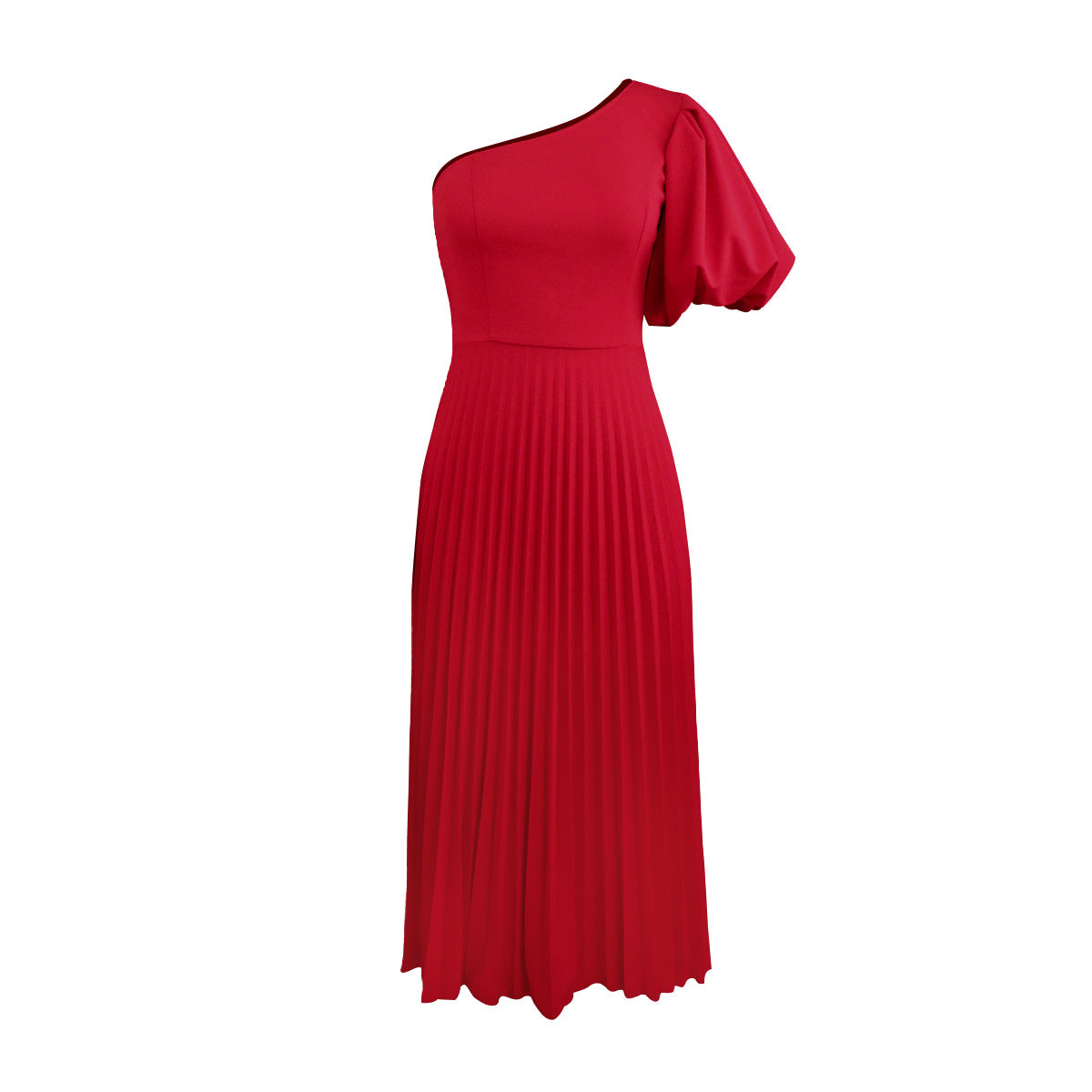 Casual Solid Color Bubble Sleeve Single Shoulder Diagonal Collar Pleated Dress Wholesale Dresses