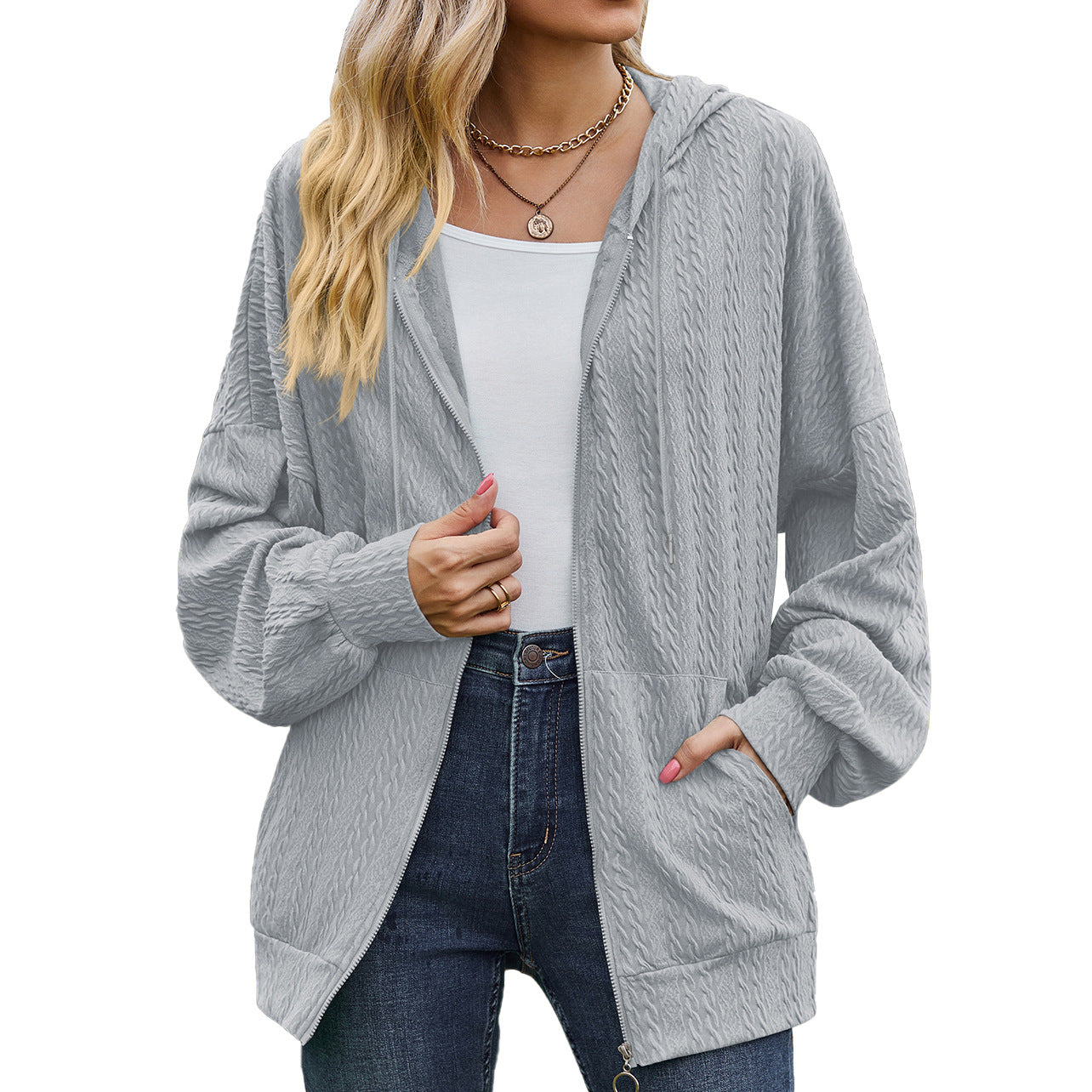 Zipper Solid Color Loose Sweatshirt Cardigan Wholesale Womens Clothing N3823112800054