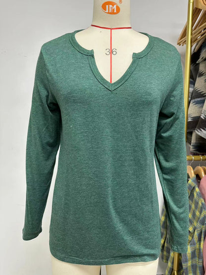 V-Neck Long Sleeve Loose T-Shirts Solid Color Tops Wholesale Womens Clothing N3824072900064