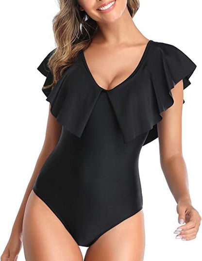 Low-Cut Triangle Solid Ruffle One-Piece Swimsuit Wholesale Women'S Clothing