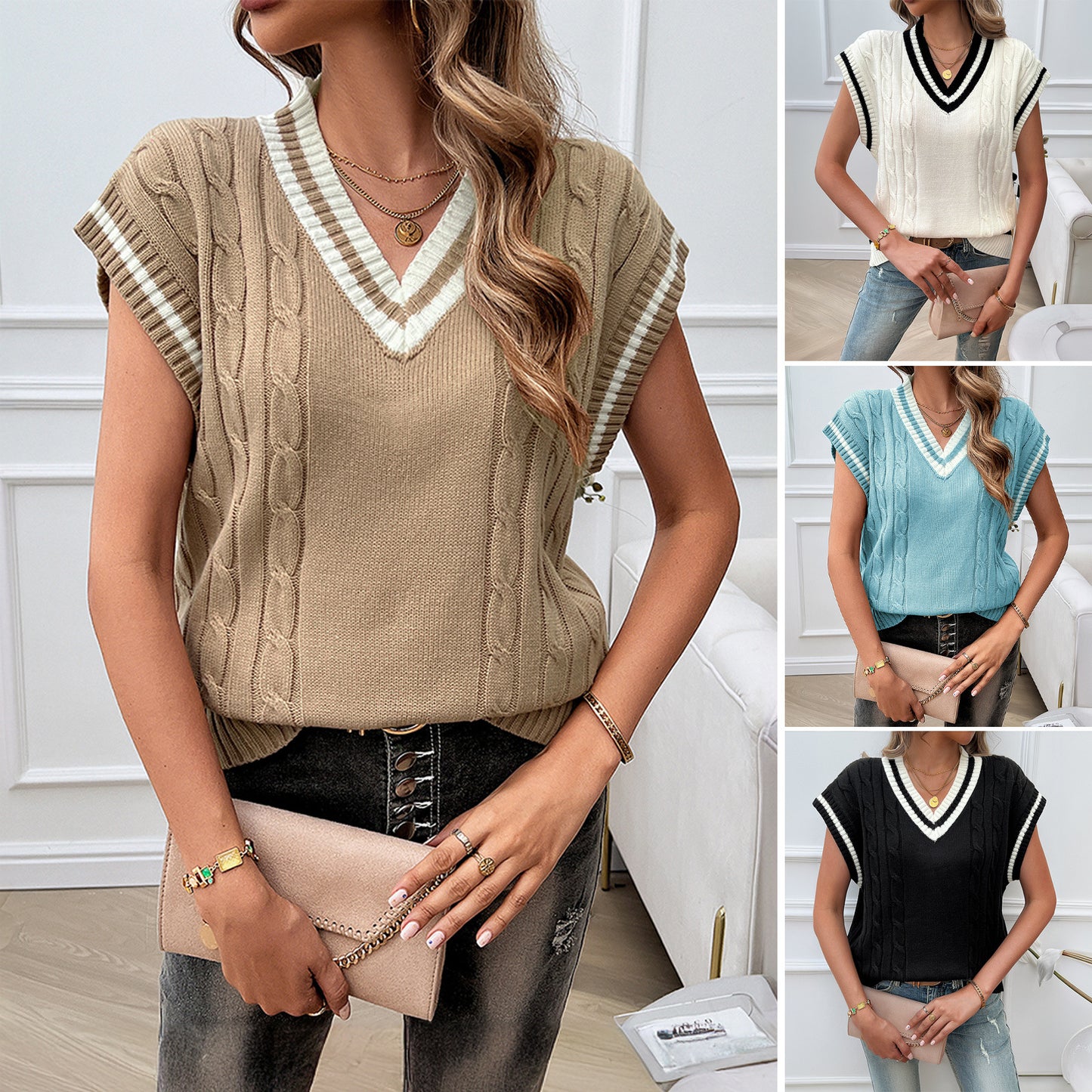 Loose Casual V-Neck Color Block Vest Sweater Wholesale Womens Clothing N3824072300009