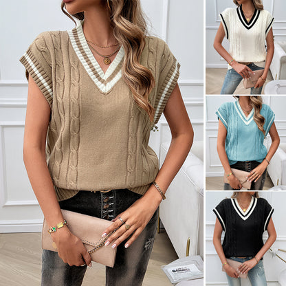 Loose Casual V-Neck Color Block Vest Sweater Wholesale Womens Clothing N3824072300009