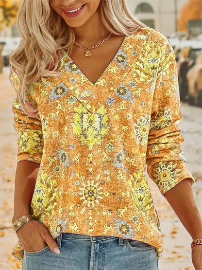 Spring and Autumn Floral V Neck Long Sleeve Plus Size T-Shirts Wholesale Womens Clothing N3824091200025