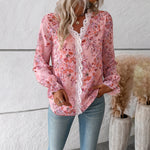 Temperament Casual Printed Long-Sleeved Lace V-Neck Shirt Wholesale Womens Clothing N3823092300005