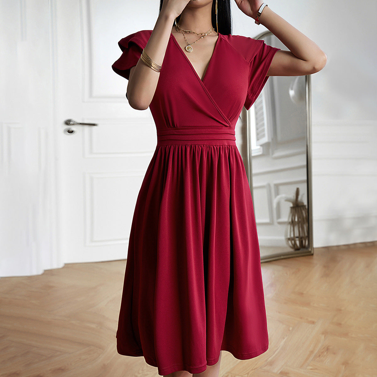 Elegant Flower Petal Sleeve V-Neck Mid-Length Dress Wholesale Dresses