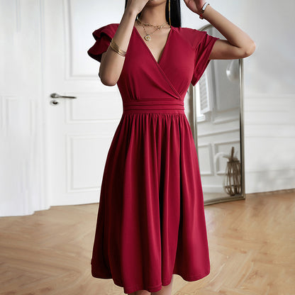 Elegant Flower Petal Sleeve V-Neck Mid-Length Dress Wholesale Dresses