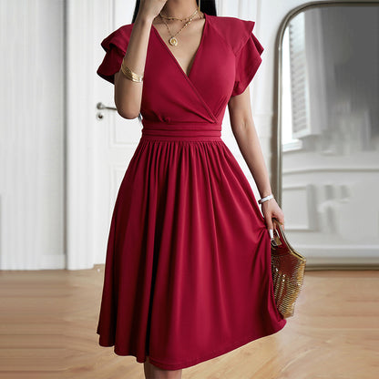 Elegant Flower Petal Sleeve V-Neck Mid-Length Dress Wholesale Dresses