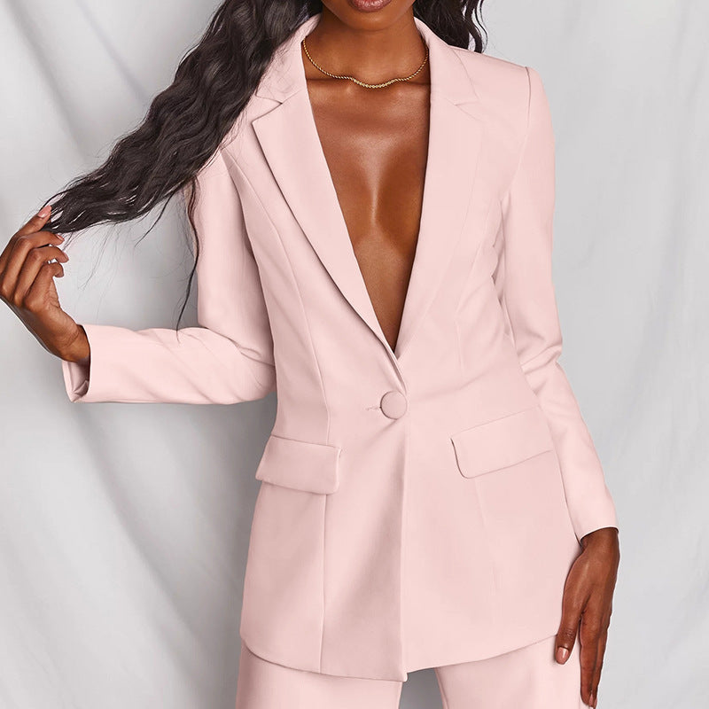 Solid Color Suit Blazer Wide Leg Pants Two Piece Set Wholesale Womens Clothing N3824080500013