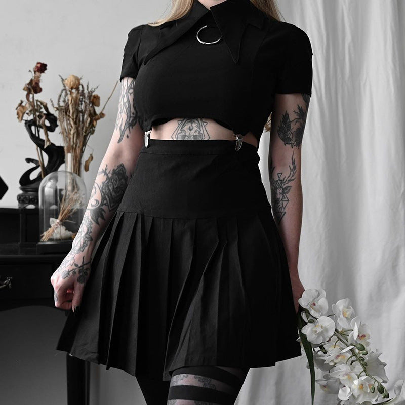 Dark Style Short-Sleeved Slim Fit Waist Lapel Waistless Dress Wholesale Dresses