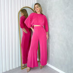 Solid Color Round Neck Hi Lo Hem Tops Wide Leg Trousers Casual Suit Wholesale Womens 2 Piece Sets N3823100900066