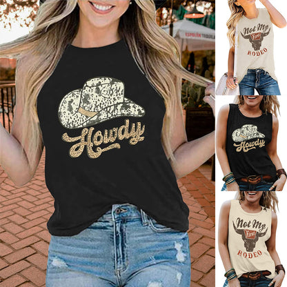 Casual Round Neck Vest Cowboy Flower Loose Sleeveless Tank Tops Wholesale Womens Clothing N3824052000022