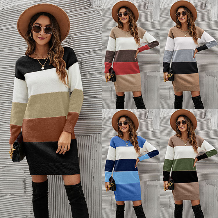 Fashion Colorblocking Wide Stripe Crew Neck Knit Dress Wholesale Dresses