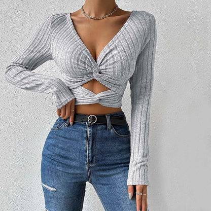 Sexy V-Neck Tops Navel-Baring Slim Cropped Tops Wholesale Womens Clothing N3824072000233