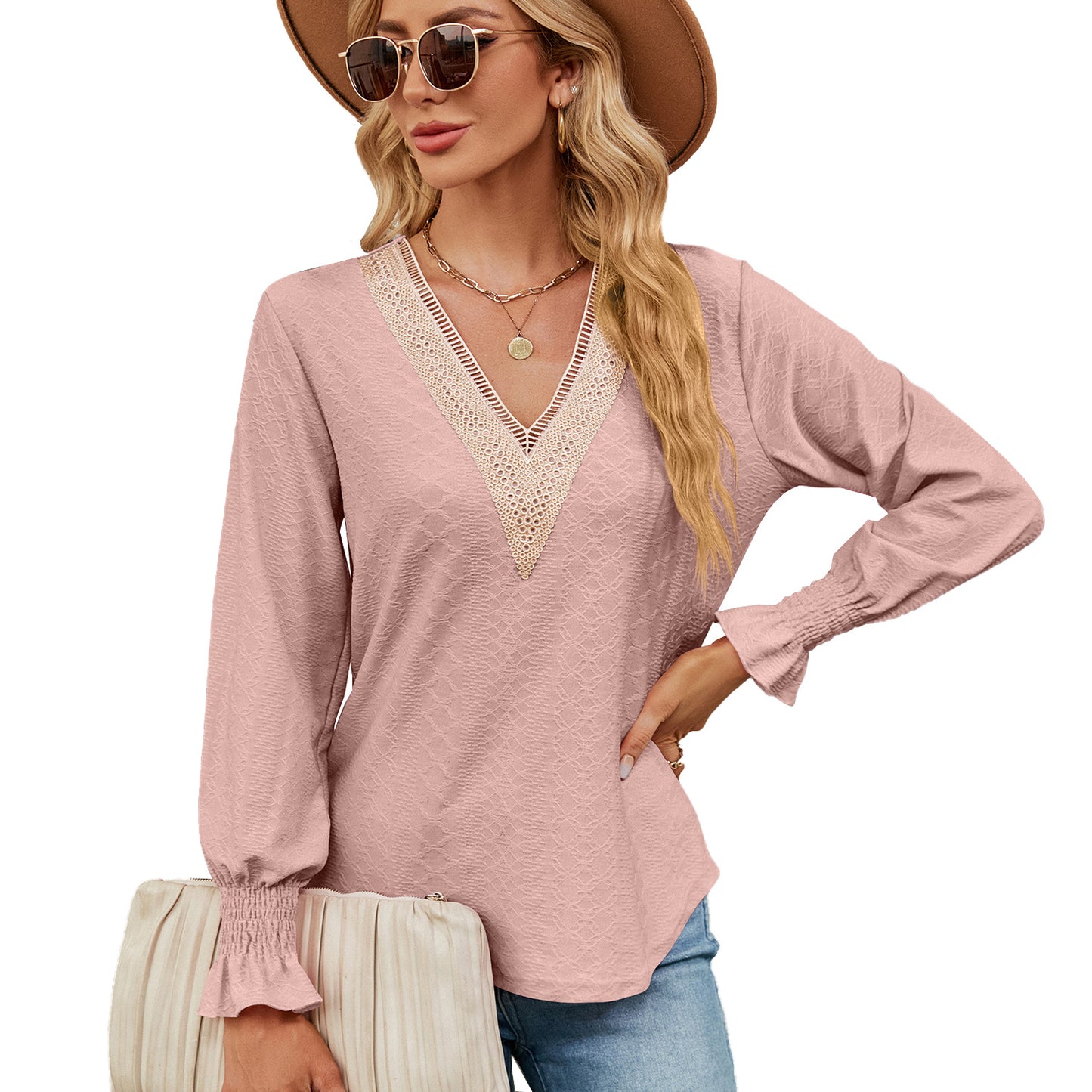 V-Neck Lace Long-Sleeved Loose T-Shirt Tops Wholesale Womens Clothing N3823112800043