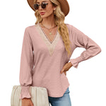 V-Neck Lace Long-Sleeved Loose T-Shirt Tops Wholesale Womens Clothing N3823112800043