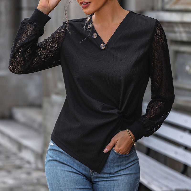 Black Lace Long Sleeve Knit Tops Wholesale Womens Clothing N3824070500036