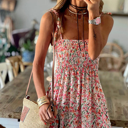 Sexy Floral Print Square Neck Boho Sling Dress Wholesale Dresses