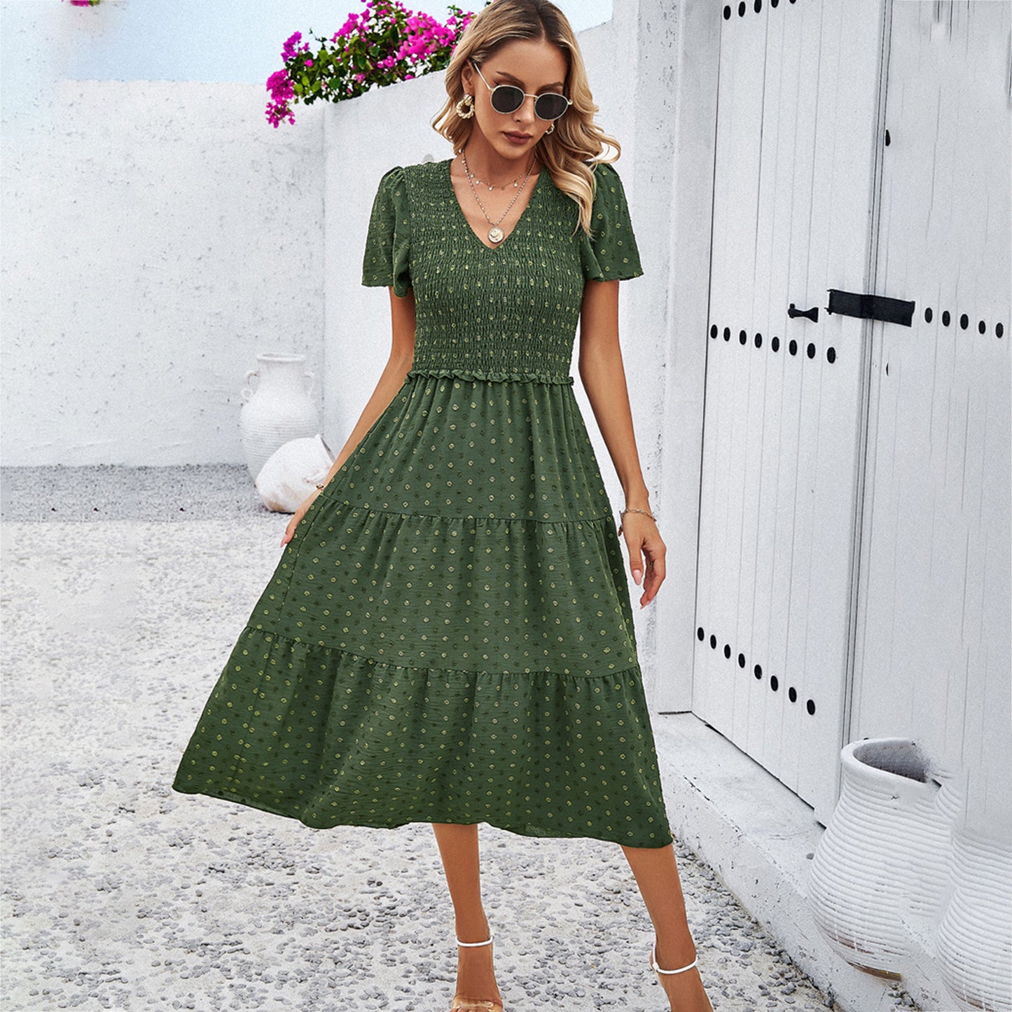 Women's Polka Dot V Neck Short Sleeve Dresses Wholesale Womens Clothing N3823122900120