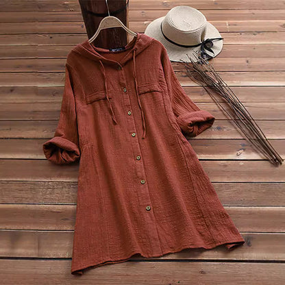 Hooded Loose Button Mid Length Long Sleeve Shirts Wholesale Womens Clothing N3824091200014