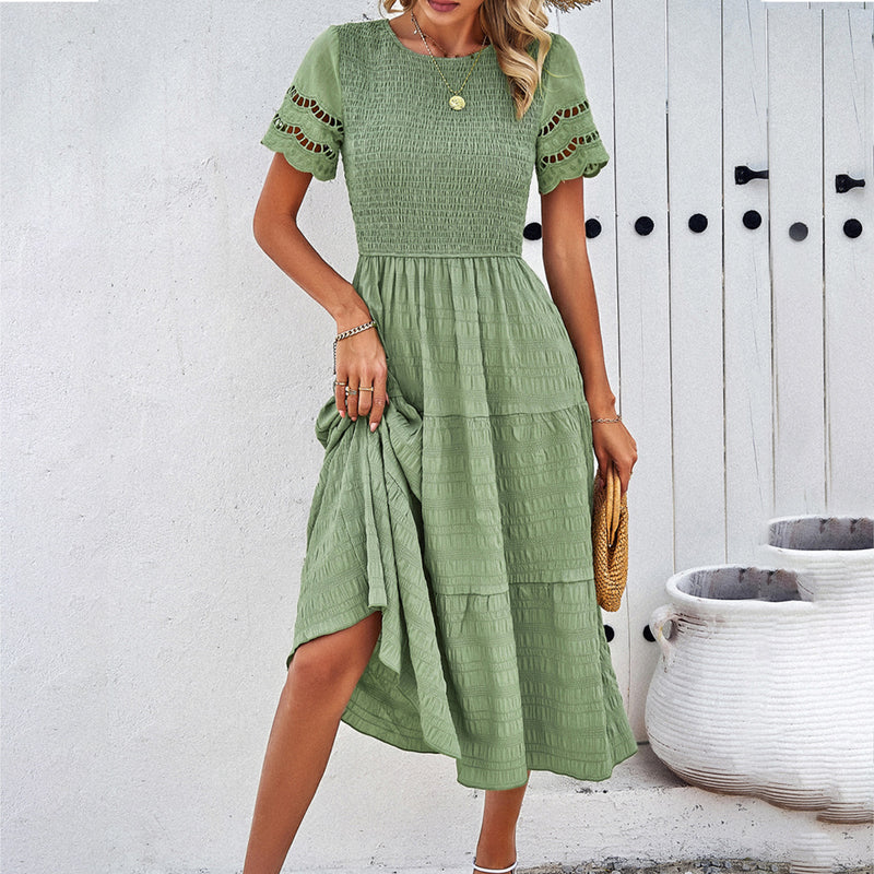 Women's Solid Color Smocked Hollow Sleeve Dresses Wholesale Womens Clothing N3823122900133