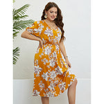 Casual Short-Sleeved Flower Print V-Neck Waist-Skimming Dress Wholesale Plus Size Clothing