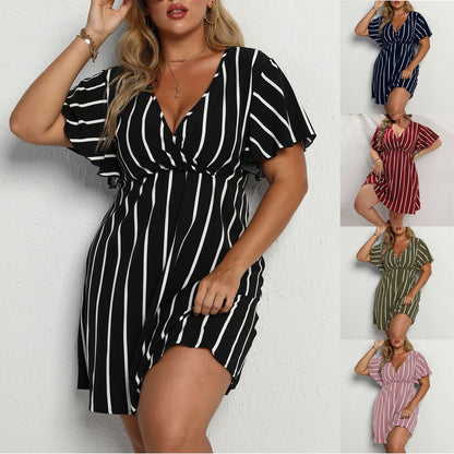 Plus Size Striped V-Neck Short Sleeve Waisted Dresses Wholesale Plus Size Womens Clothing N3824052500001