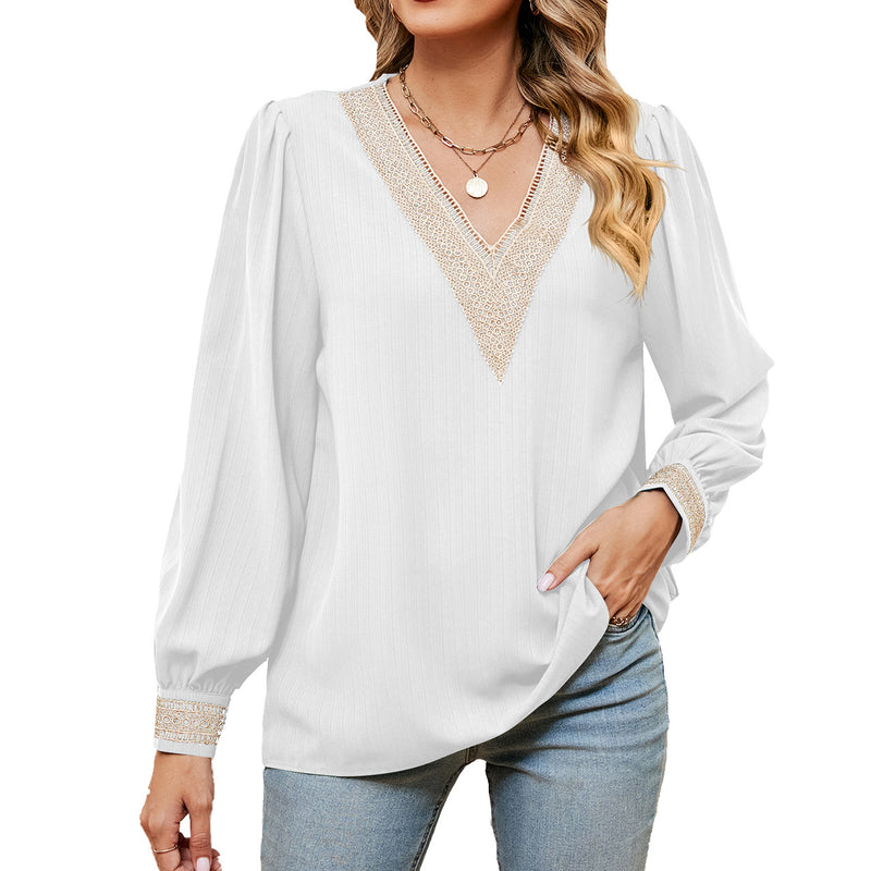 V-Neck Lace Chiffon Long-Sleeved Casual T-Shirt Tops Wholesale Womens Clothing N3823112800044