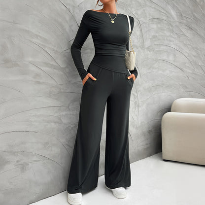 Slim Long Sleeve Tops Wide Leg Pants Set Wholesale Womens Clothing N3824072300005