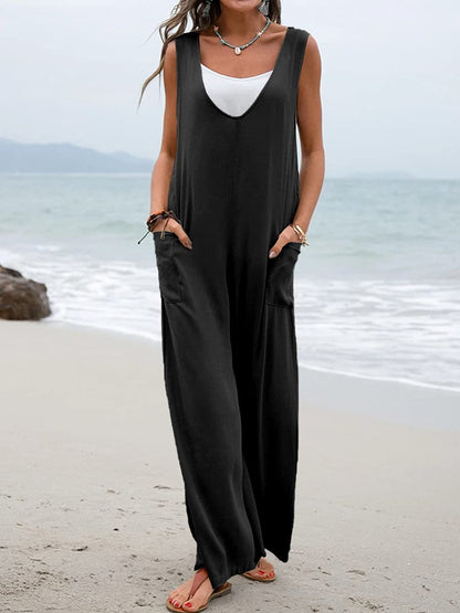 Solid Color Patch Pocket Fashion Jumpsuit V Neck Overalls Wholesale Womens Clothing N3824040700331