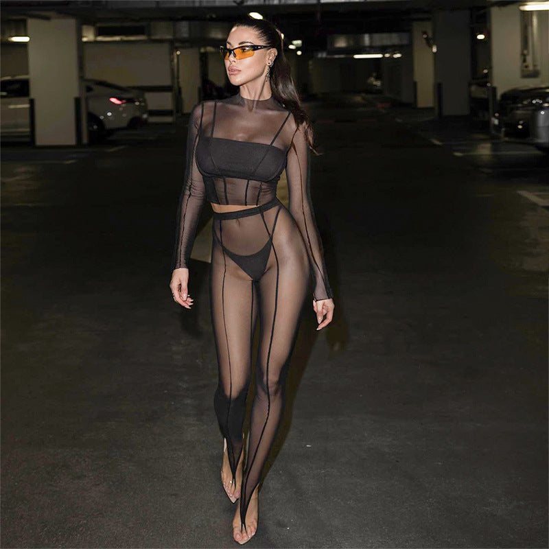 Sexy See-Through Net Gauze Long-Sleeved Top And Slim Pants Set Wholesale Women'S 2 Piece Sets