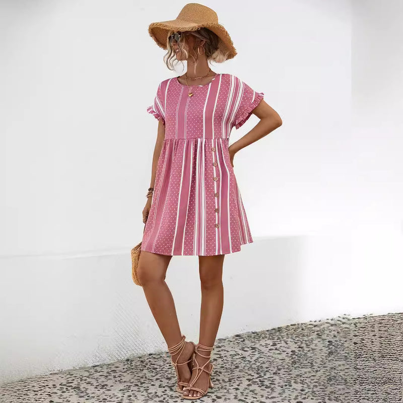 Striped Ruffle Sleeve Round Neck Dresses Wholesale Womens Clothing N3824042900056