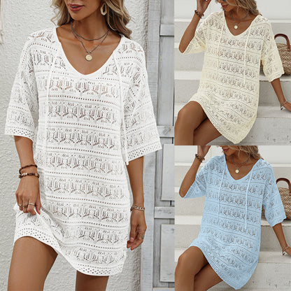 Casual Short-Sleeved V-Neck Hollow Vacation Beach Sunscreen Dress Wholesale Dresses