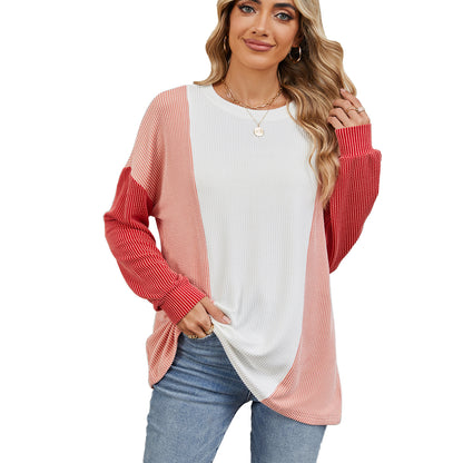 Round Neck Splicing Color Loose Pullover Long Sleeve Sweater Wholesale Womens Clothing N3824091200022