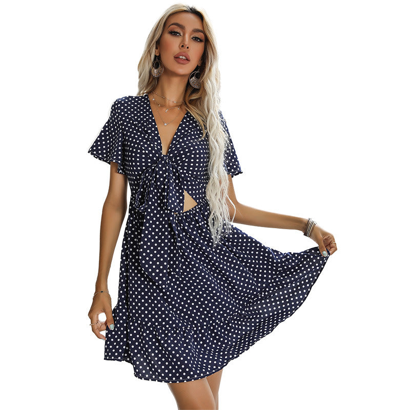 V-Neck Cutout Polka-Dot Dresses Wholesale Womens Clothing N3824050700022