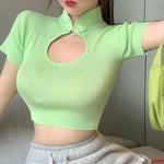 Fashion Short-Sleeved Waistless Openwork Stand-Up Collar Plate Buckle Short T-Shirt Wholesale Womens Tops