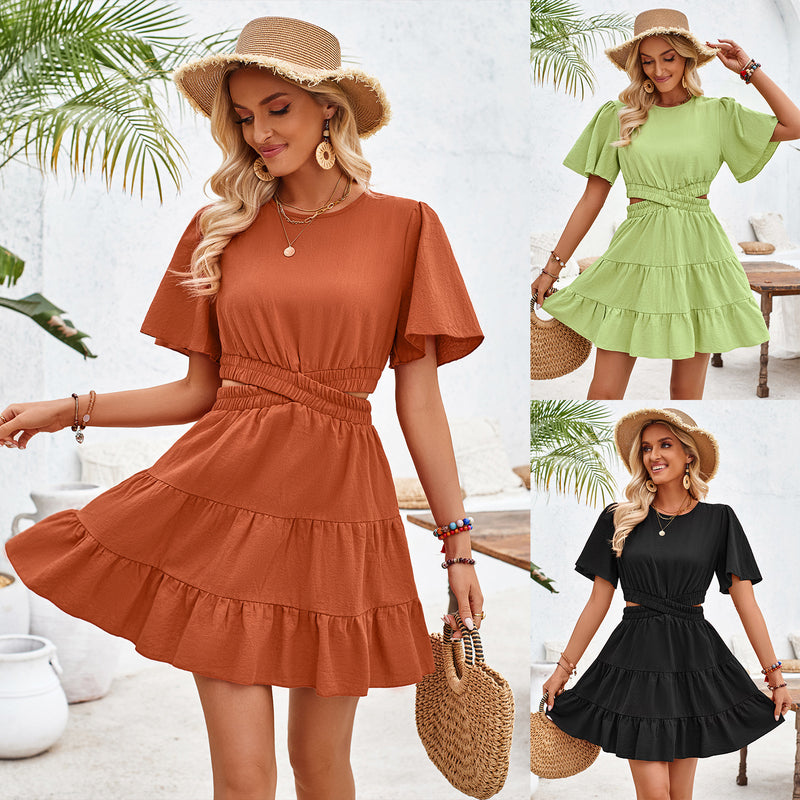 Round Neck Hollow Out Short Sleeve Waist Mini Dresses Wholesale Womens Clothing N3824050700060