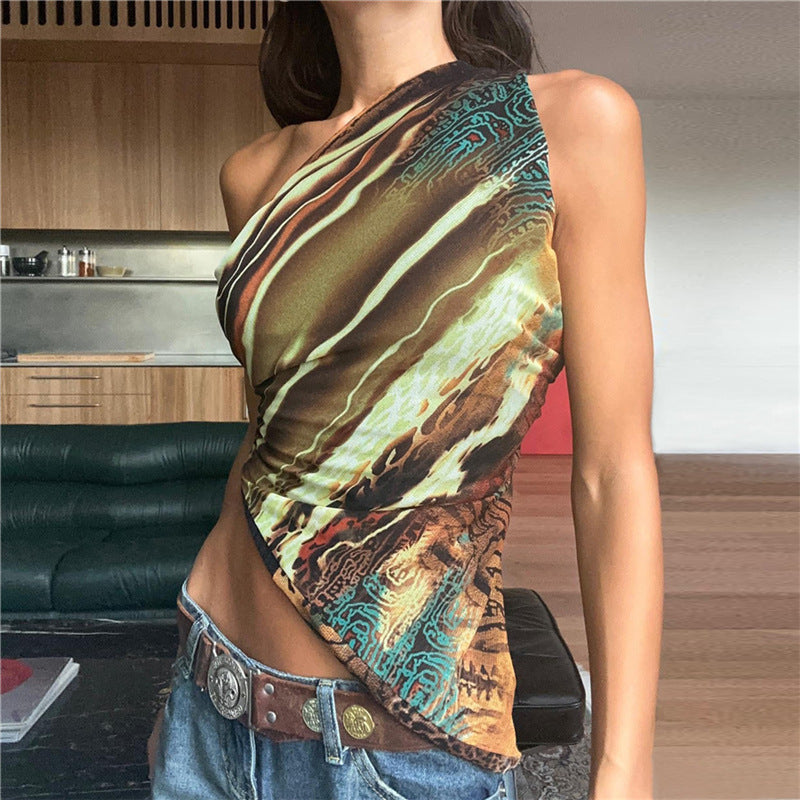 Asymmetric Sleeveless Print Slanted Shoulder Tank Tops Wholesale Women'S Top