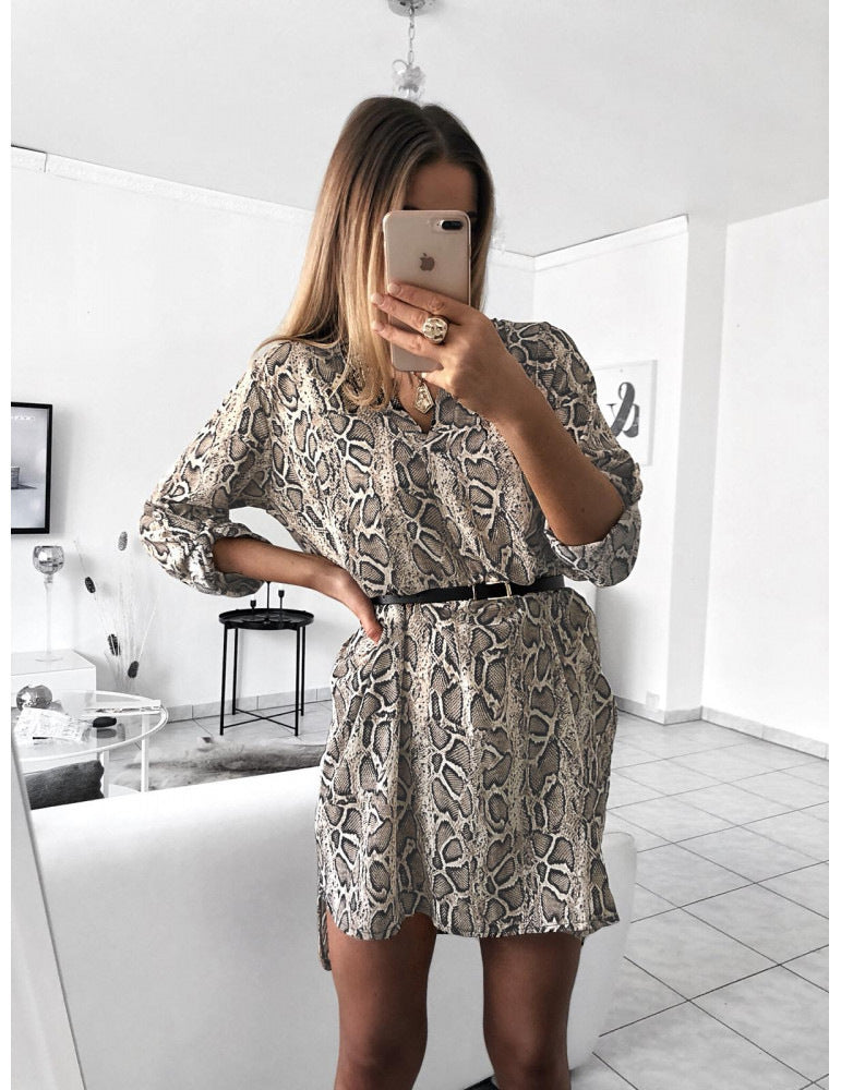 V-Neck Long Sleeve Snake Print Shirt Women's Dresses Without Belt Wholesale Womens Clothing N3824080900026