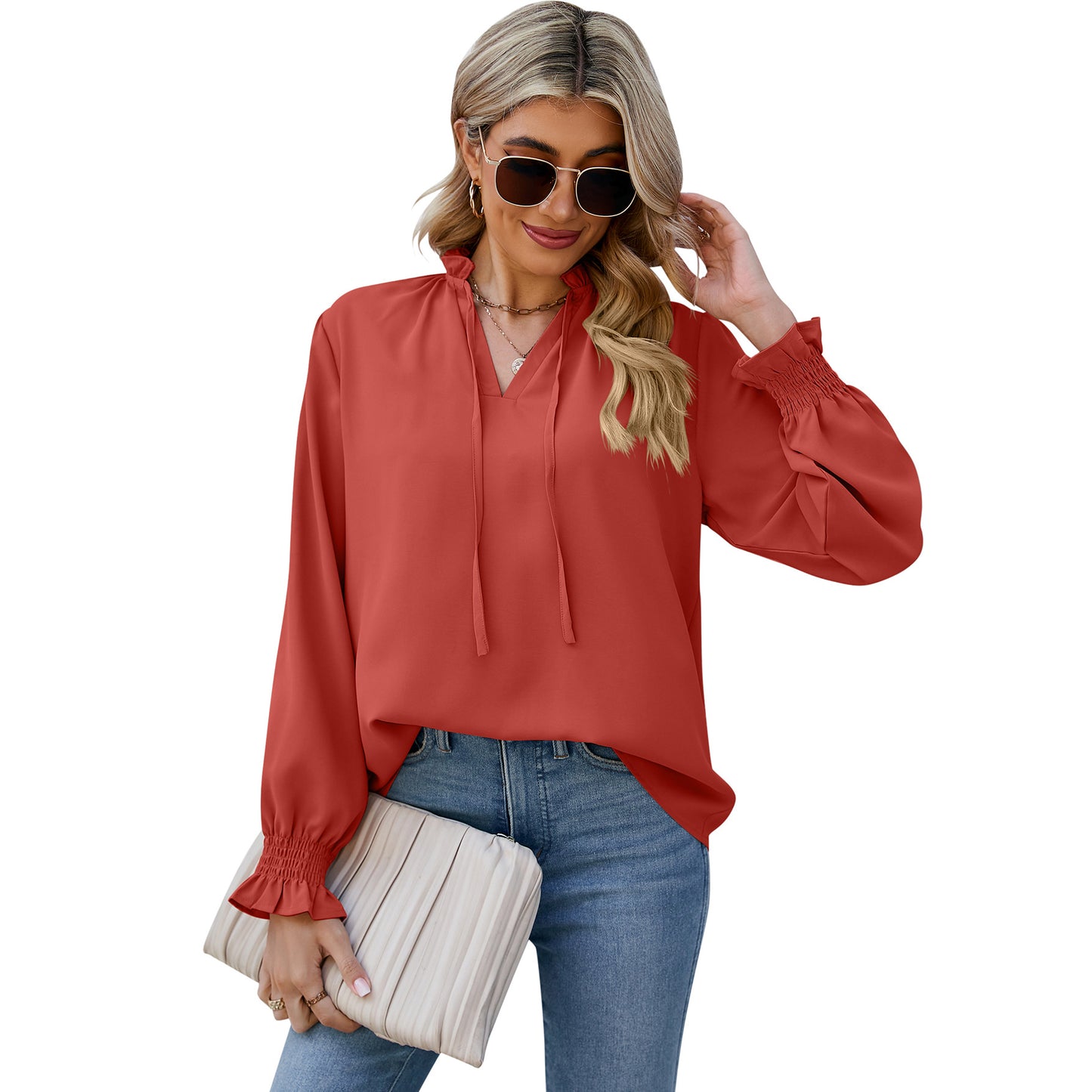 Loose Soft Long Sleeve V-Neck Tie Chiffon Shirt Wholesale Womens Tops