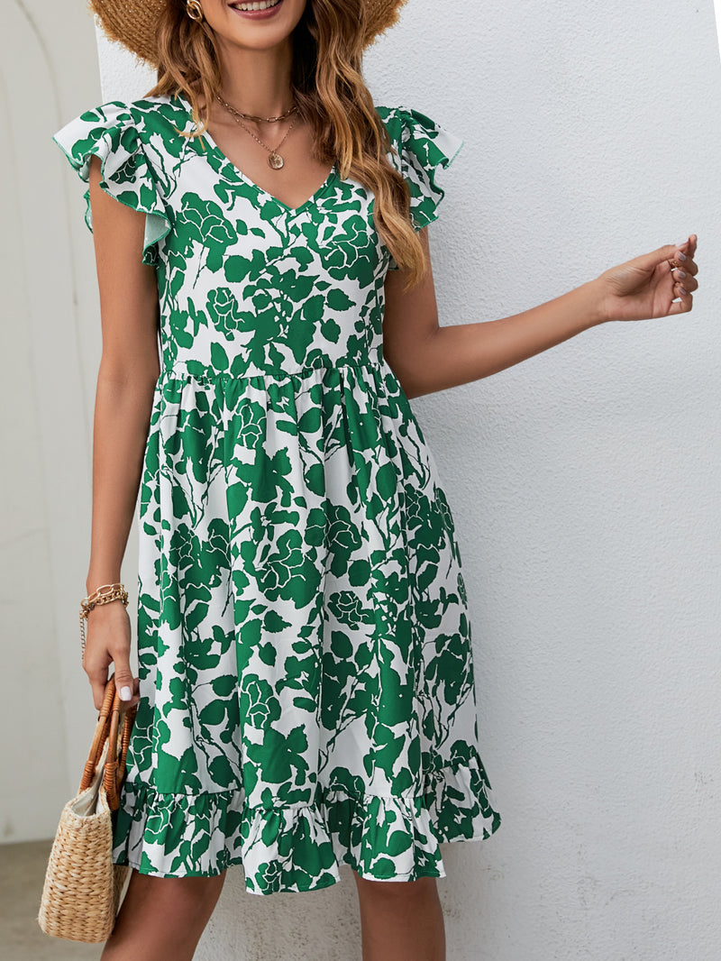 Women's Leaf Print V-Neck Fly Sleeve Resort Dresses Wholesale Womens Clothing N3824010500008