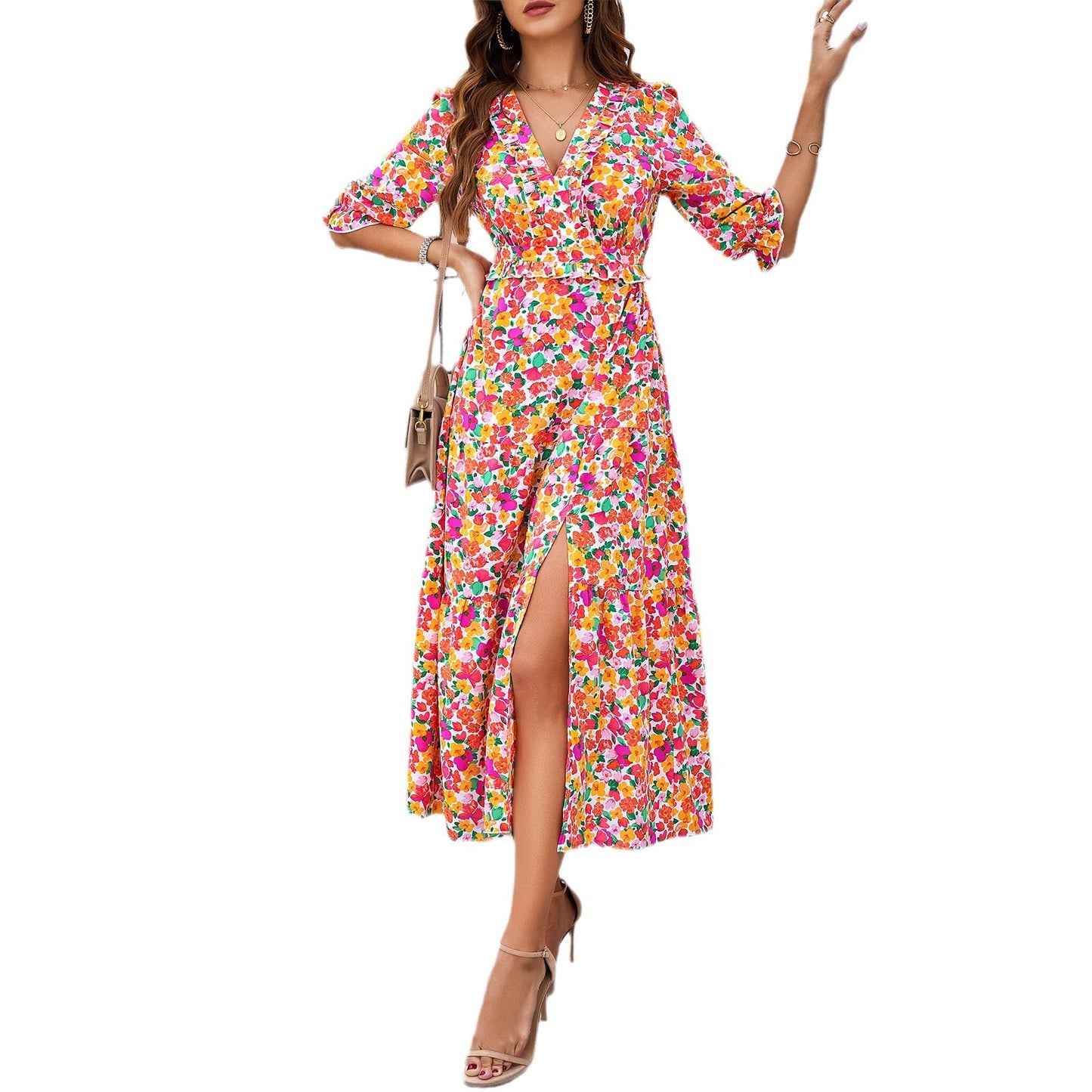 Holiday Casual Printed  V-Neck Dresses Wholesale Womens Clothing N3824040700280