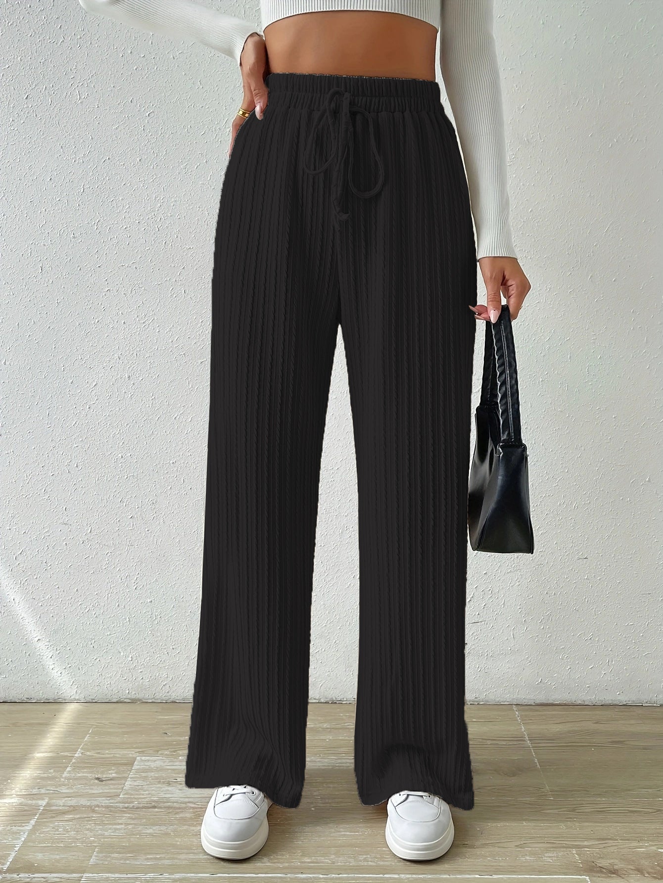 Textured Knit Wide Leg Pants High Waist Solid Color Straight Pants Wholesale Womens Clothing N3824080900024