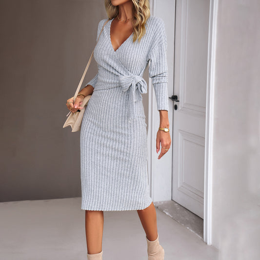 Low-Cut V-Neck Long-Sleeved Knitted Strappy Slim Dress Wholesale Dresses