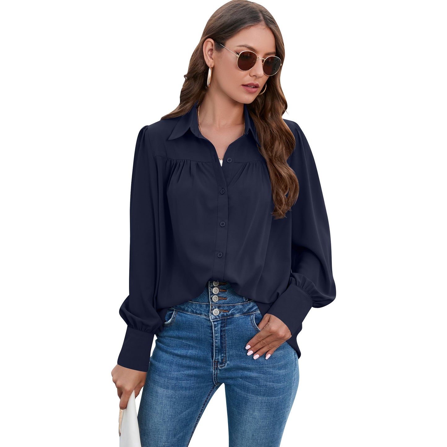 Chiffon Pleated Long Sleeve Loose Balloon Sleeve Shirt Wholesale Women'S Top