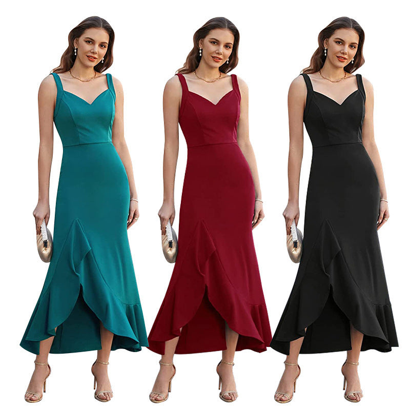 Ruffled Party V Neck Maxi Dresses Wholesale Womens Clothing N3824040700345