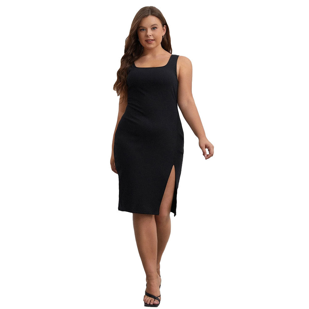 Wholesale Plus Size Clothing Slim And Thin Square Neck Sleeveless Open Hip Sexy Dress