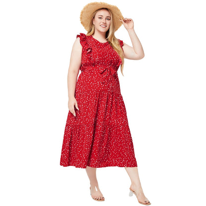 Plus Size Round Neck Ruffle Sleeveless Polka Dot Dress With Belt Wholesale Womens Clothing N3824080300033