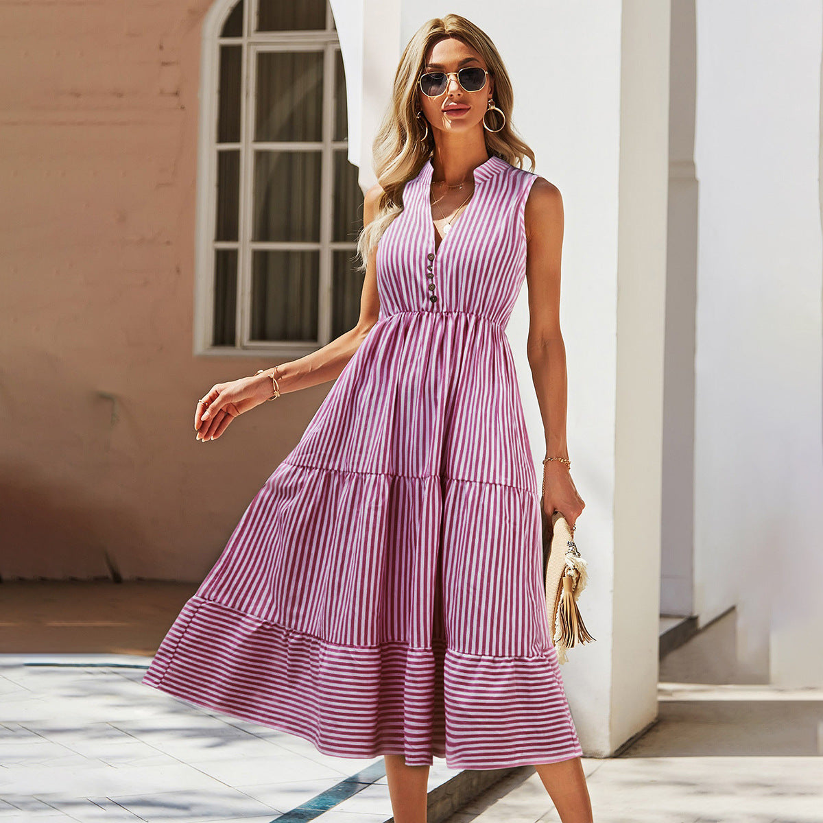 Casual Sleeveless Striped V-Neck Dress Wholesale Dresses